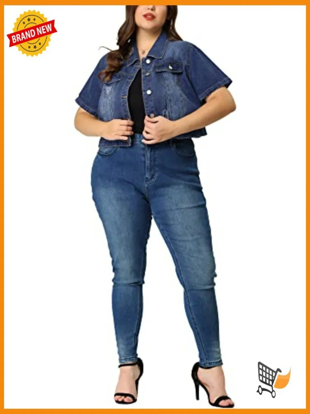 Plus Size Crop Denim Jacket Short Sleeve Button Down - Picture 2 of 7